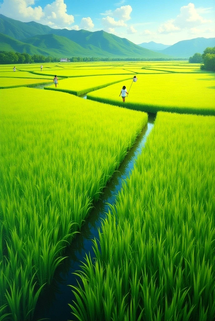 impressionism, oil painting, multiple Japanese girls, naked, from behind, soft sunlight, in a young leaf paddy field