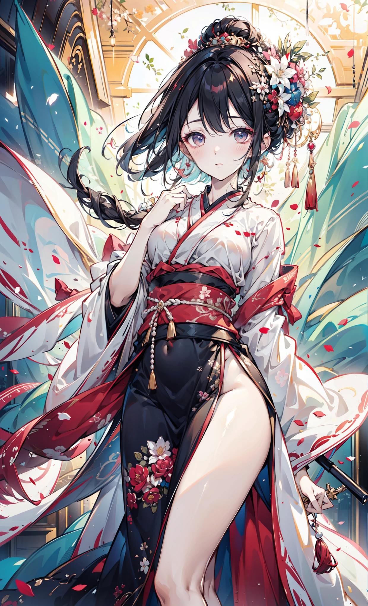 {{{{masterpiece}}}}, {{{ super detailed }}}, {{{High sharpness}}}, {{ Good anatomy}}, ((( best quality))), (( Very Delicate and Beautiful )), {{ is very detailed and exquisite}}, {8k cg wallpaper}, {{illustration}}, (flowering:1.2), (Chromatic Aberration:1.2), A natural woman, (1 Girl:1), solo, prostitute, (Hanfu:1.2), (white face:1.2),Little bit of eyeliner , Medium Curve,Obsessed