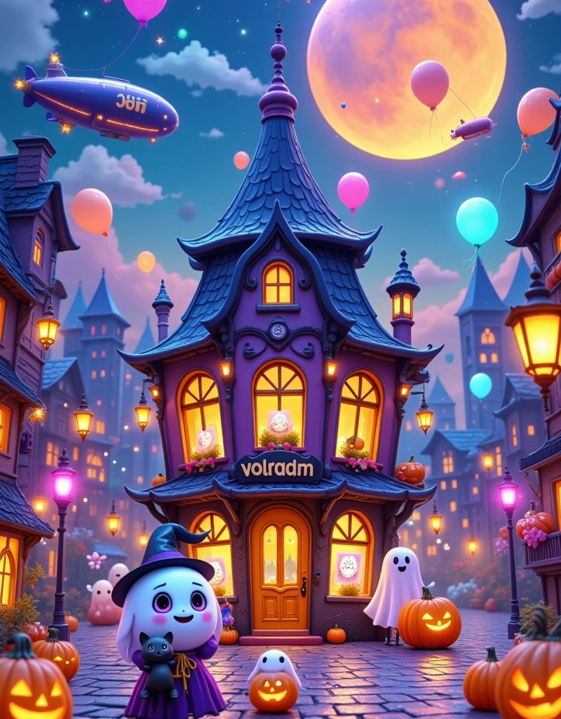 This image is a digital illustration of a city: a Halloween shop. The shop is located in the centre of the image,surrounded by skyscrapers and skyscrapers. The sky is blue and pink hot air balloons float above the shop. In front of the shop there is a little witch wearing a black magic hat and holding a black kitten in her arms,the little witch is smiling and wearing a purple magic cloak with a smiling pumpkin sitting under her buttocks,next to a few white cute ghosts with big eyes and big smiles,in the far distance there is a big yellow moon,and next to the moon there are airships and mysterious planes passing by,and there are also little magical witches riding brooms flying in the sky. Purple atmosphere,revealing the environment of the weird and mysterious,the 's lovely