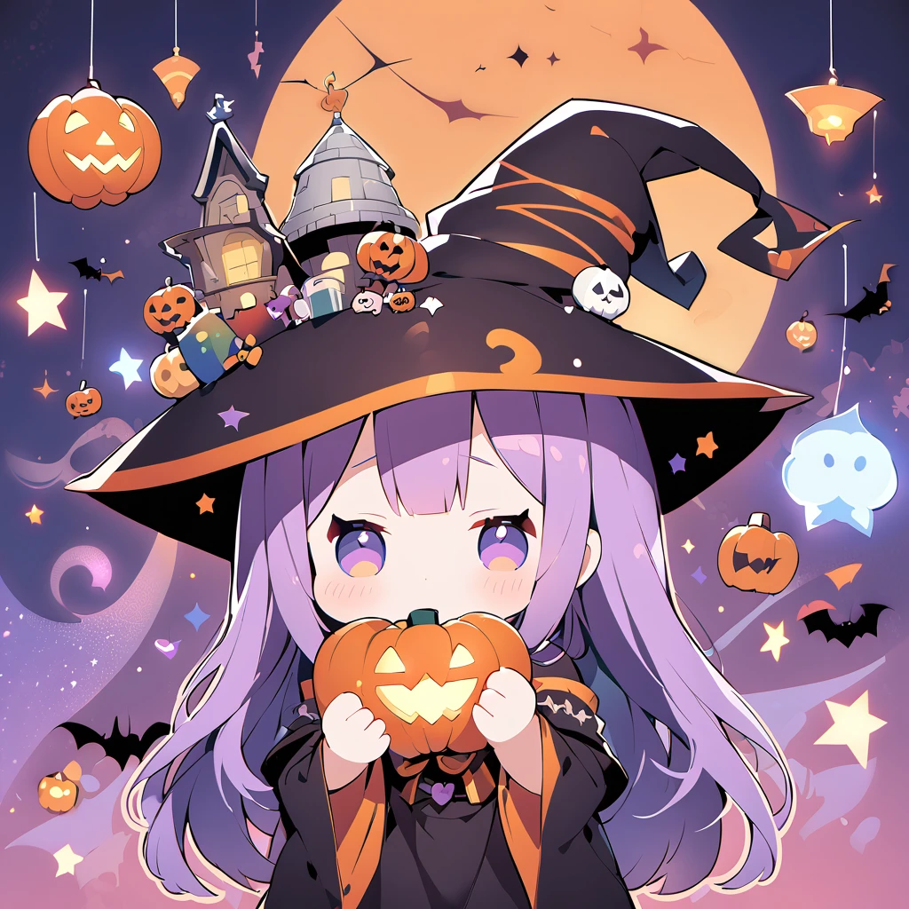 material、Thick paint、 Fantasy World 、Wizard、 black robe 、black tricorn hat、Black Cape、Holding a magic wand、Girl casting a spell、Long Hair、Droopy eyes、Front View、cute,Halloween,Pumpkin lantern