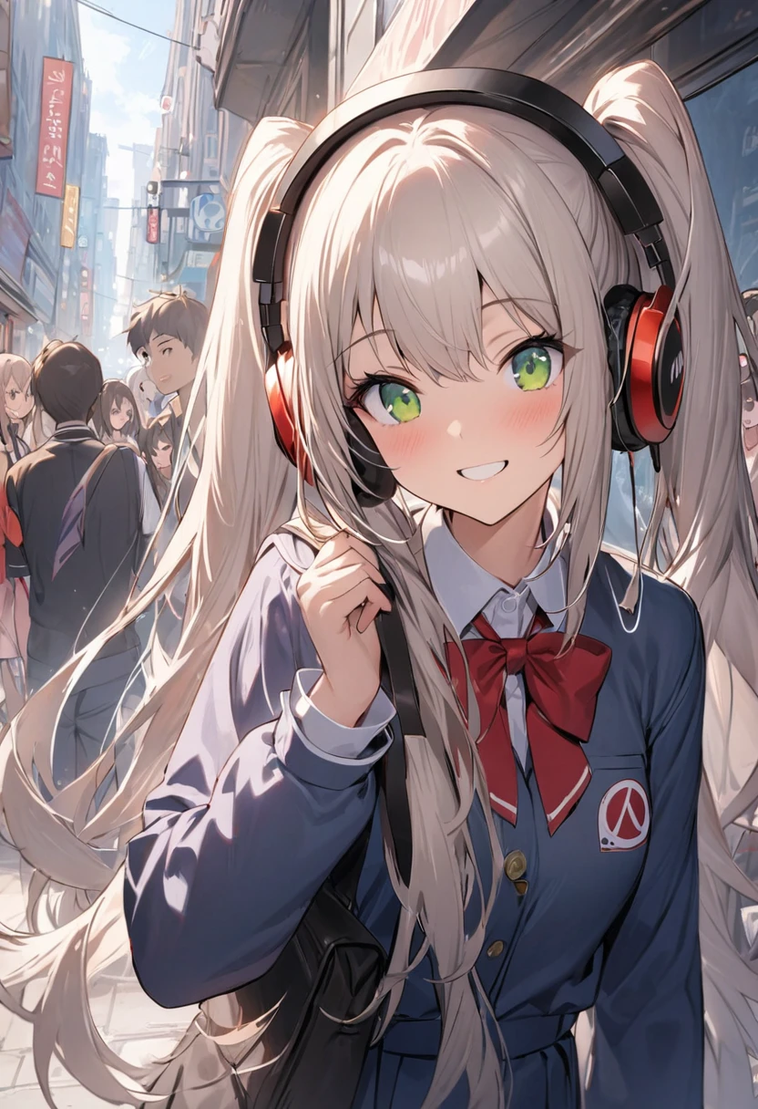 （masterpiece,） （ Details）、high quality、 High Resolution 、JK Costume、Student Uniform、One beautiful girl、hatune friend,Long hair in twin tails、 black cock、Green Eyes、１８Year old girl、Wear headphones and listen to music、Smile、Xihua Street、People at lunch break々A crowded street corner