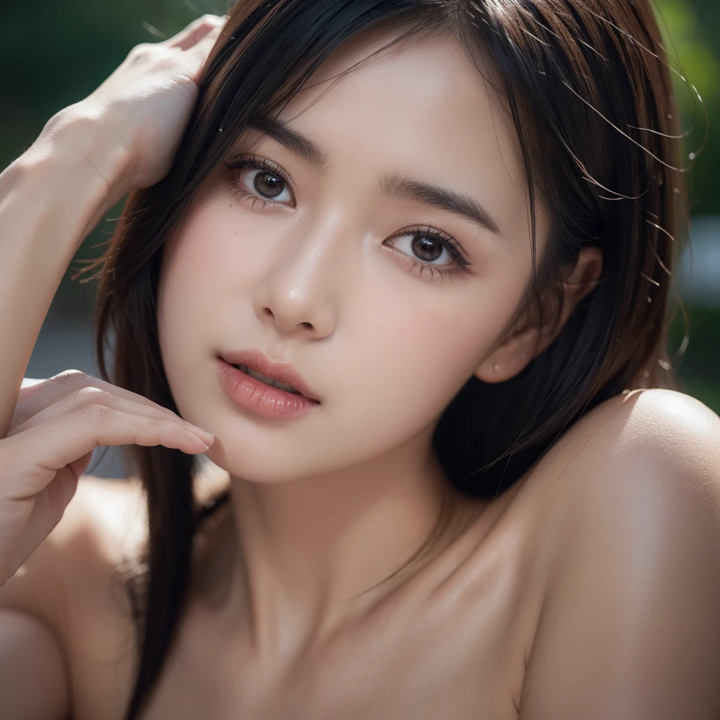 ((Top Quality, 8K, Masterpiece: 1.3, Super A High Resolution)), (Clear Focus: 1.4), Japanese Female, 20 years old, Cute, Alone, Full Body Esbian, (Twisting the Body: 1.1), Light Peel ((black hair), long hair)), sleeveless, full body image (fabric details, fabric details, thin: 1.5, very detailed face, very detailed face, detailed face, detailed eyes, narrow eyes, moist eyes , double eyelids, natural skin, red cheeks, detailed skin, sweating, glossy skin, glossy skin, glossy skin, shadow skin, glossy skin, makeup, detailed lips, ruddy lips, smile, break HA, (big breasts) ):1.1), Beautiful leg line, Beautiful long legs, Looking at camera, BREAK, Natural light
