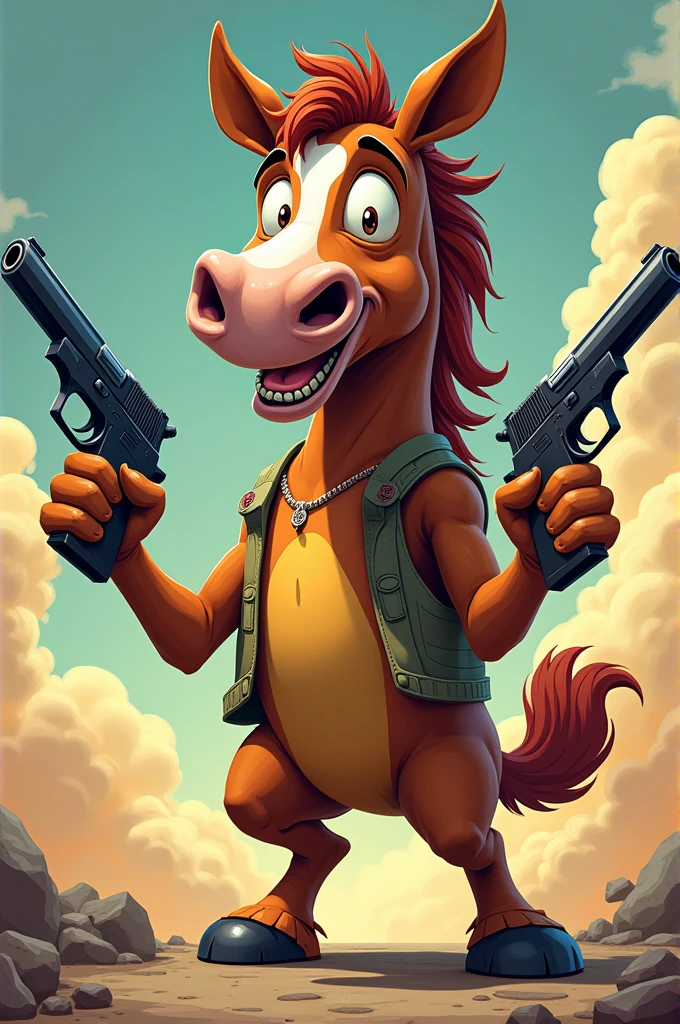 A comical horse standing upright, holding two guns in its hooves, with a mischievous smile on its face. The horse should have exaggerated, cartoon-like features, with large eyes and a playful expression. The background should have dynamic action vibes, hinting at chaos or excitement, while the horse remains the center of attention with a humorous pose." No Outfit