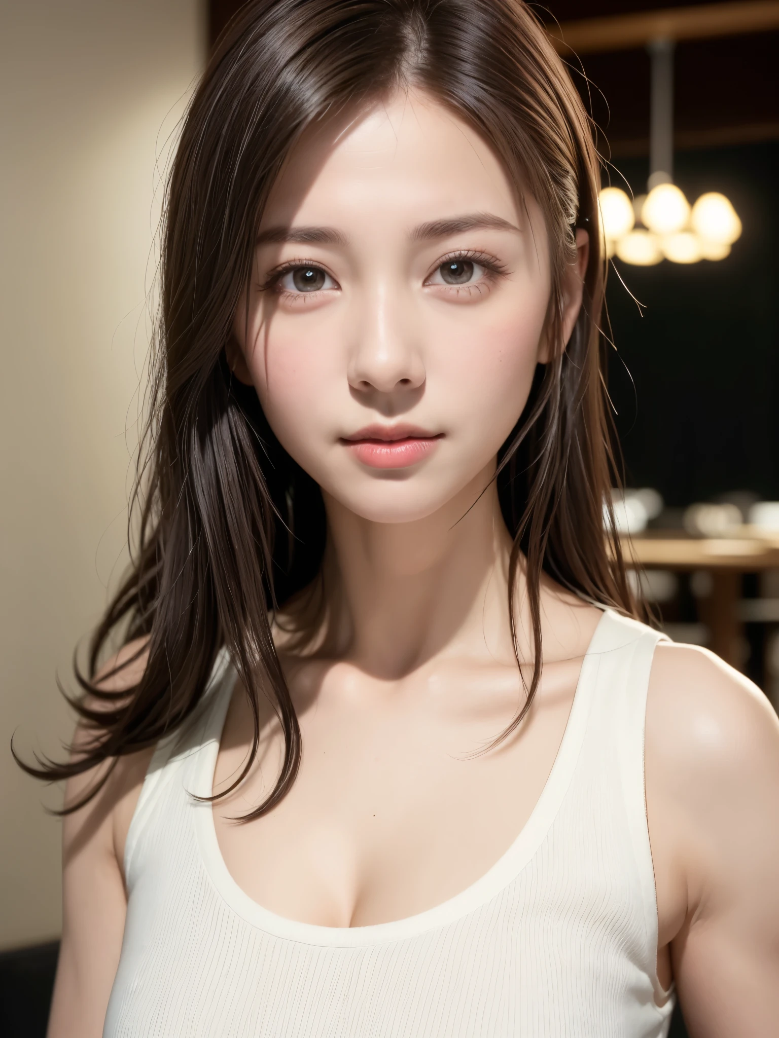 natta, Raw photography, (((Very beautiful portrait))), ((glistning skin)), 1girl in, Sexy 2 girl, Cafe Clerk、((Sauvage's natural brown hair)), Gentle smile staring at the camera, ((​masterpiece, top-quality, ultra-detailliert, ciinematic light, intricate detailes, hight resolution, 8K, ighly detailed)), detailedbackground, 8KUHD, Digital SLR, Soft lighting, hightquality, film grains, FujifilmXT3, Shallow depth of field, natural soft light、face perfect