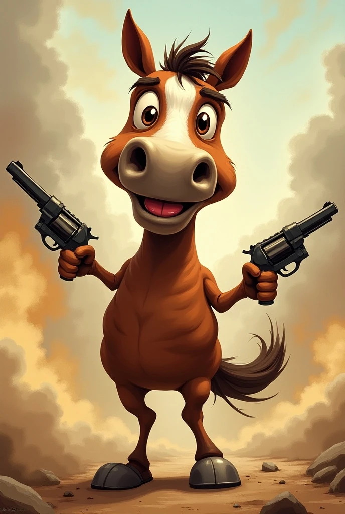 A comical horse standing upright, holding two guns in its hooves, with a mischievous smile on its face. The horse should have exaggerated, cartoon-like features, with large eyes and a playful expression. The background should have dynamic action vibes, hinting at chaos or excitement, while the horse remains the center of attention with a humorous pose." No Outfit
