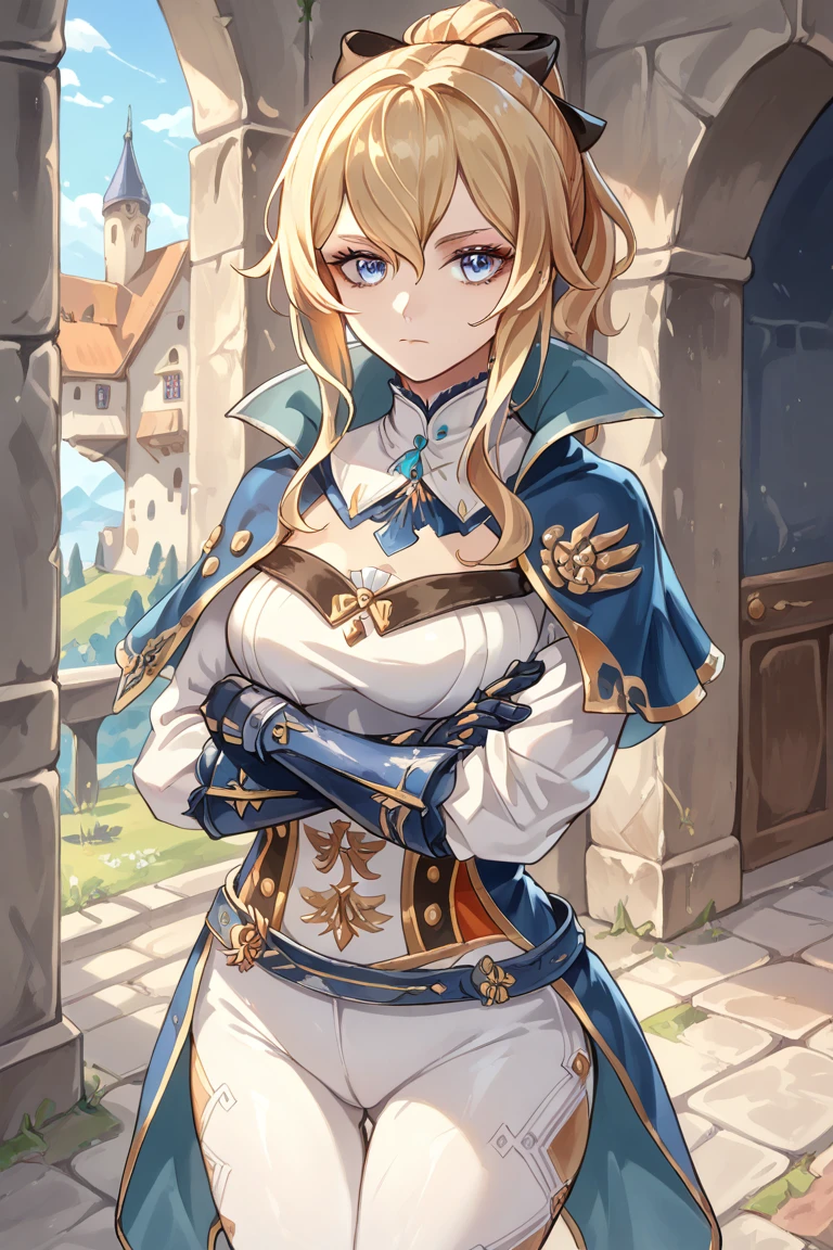 score_9, score_8_up, score_7_up, 1girl, solo, jean \(genshin impact\), jean def, blue eyes, blonde hair,black gloves,detached collar,blue capelet, tight pants, standing, crossed arms, expressionless, looking at you, medieval village, medieval arquitecture, castle