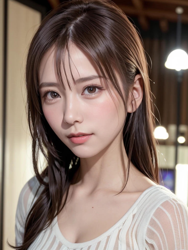 natta, Raw photography, (((Very beautiful portrait))), ((glistning skin)), 1girl in, Sexy 2 girl, Cafe Clerk、((Sauvage's natural brown hair)), Gentle smile staring at the camera, ((​masterpiece, top-quality, ultra-detailliert, ciinematic light, intricate detailes, hight resolution, 8K, ighly detailed)), detailedbackground, 8KUHD, Digital SLR, Soft lighting, hightquality, film grains, FujifilmXT3, Shallow depth of field, natural soft light、face perfect