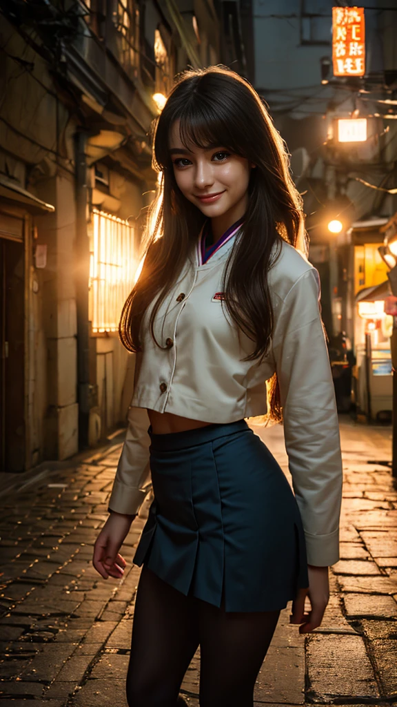 (1 lady), The beautiful, (Best quality at best:1.4), (ultra - detailed), (extremely detailed CG unified 16k), (dark greenish gray-brown hair:1), very detailed, High-definition RAW color photo, professional photoshooting, amazing face and eyes, cosmetics, (amazingly beautiful girl), ((Ibuki Fuko, small woman, NOT Dasha Taran)), ((clannad uniform, blue skirt, black tights)), (extremely detailed background, a lot of details background, realistic background), realistic cinematic face, head to feet long wide zoomed out view, full body long view, photorealistic, ((honey eyes)), gorgeous, extremely beautiful face, perfect model beauty, pout mouth, Highly Detailed Face and Skin Texture, Detailed Eyes, Double Eyelids, Very Small Breasts, Persistent Stare, Faith Trance, (funny expression, mystical stare, looking eternity), (masterpiece), smile, beautiful smile, best quality, high resolution, depth of field, cinematic lighting, amazing legs, black combat boots, clear and well-cared skin