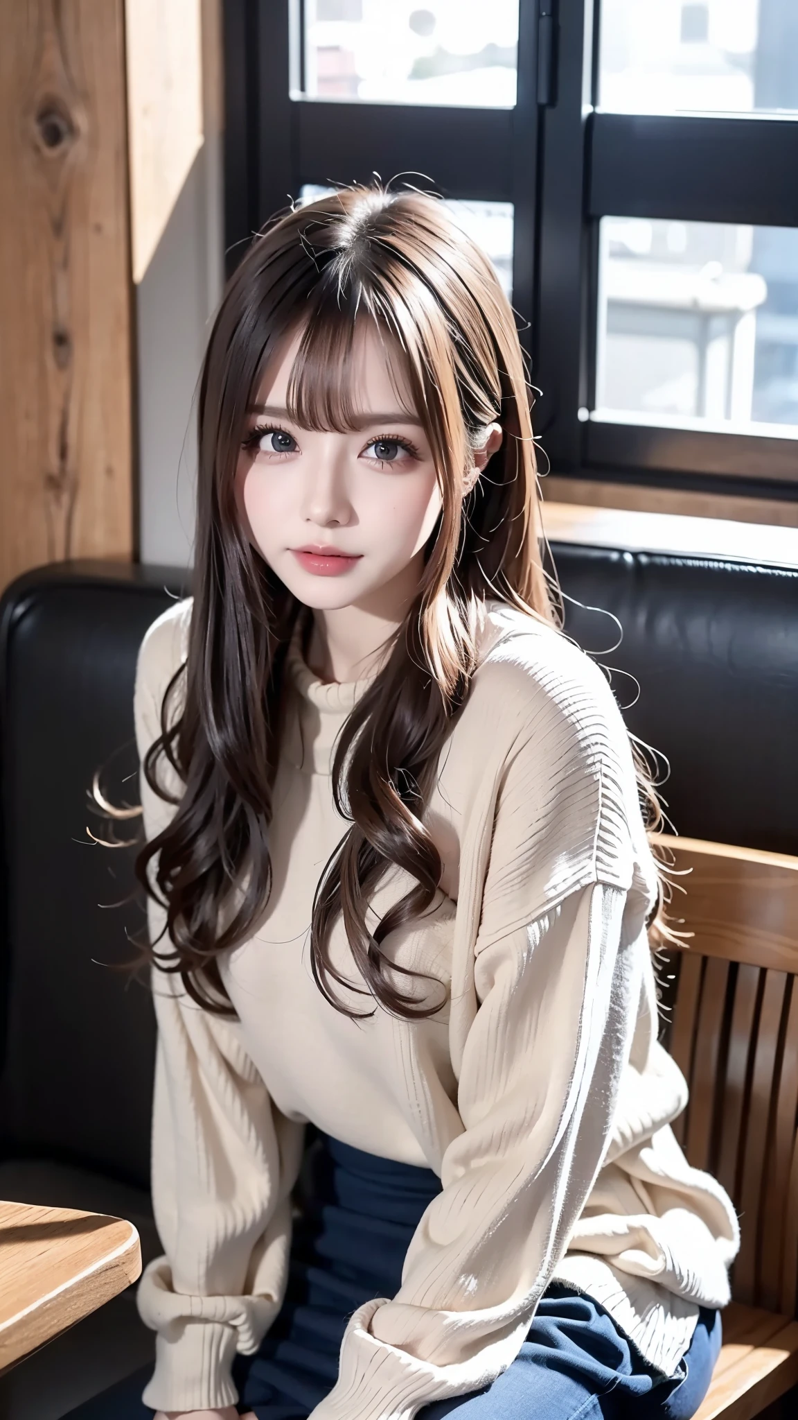  A woman wearing a loose beige cable knit sweater、 sitting at a wooden table in a cafe 。The woman hides part of her face with one hand 、 The hair is naturally disheveled and creates a relaxed atmosphere 。 The background has concrete walls and windows 、 It features an industrial and warm interior 。 and the table is characterized by an industrial and warm interior 、Overall it was calm、 this is a scene depicting a scene of everyday life 。