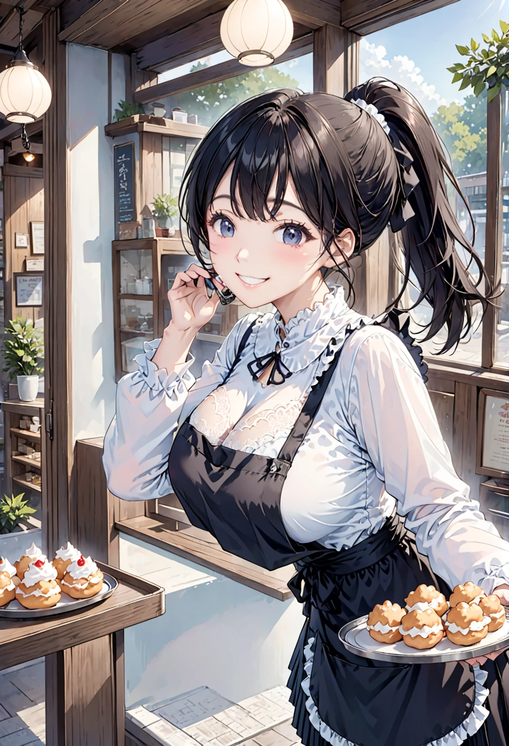Alto, Ultra Detalhado, (1girl:1.3), (dynamic pose):1.0 INTERVALO, imagem de cowboy, top angle, ((1 extremely cute and cute coffee girl standing at the coffee counter)), caixa, wearing a gothic lolita maid's outfit, camisa de gola e uma saia longa de pregas verdes na altura do joelho, avental preto, Ela tem o cabelo loiro de duas caudas, fitas de cabelo vermelho, peito gigantesco, Fino, Abs, chibi-personagem, 6 tamanho natural, roupas detalhadas, corpo detalhado, Detailed arms, human hands, detailed hands, corar, envergonhado, sorriso leve, Feliz, ,sorriso leve, boca fechada, batom rosa, surpreso, olhando o espectador, de frente para o espectador, Pose de modelo bonita, extremamente inclinado para a frente contra o espectador, hands on the stomach, studio soft light, Cinematic light, Antecedentes detalhados, symmetric, hiper-realista, altamente detalhado, intrincado, Muito suave, foco nítido, Redshift rendering, 8k, Realistic, ultra-realistic, master part,