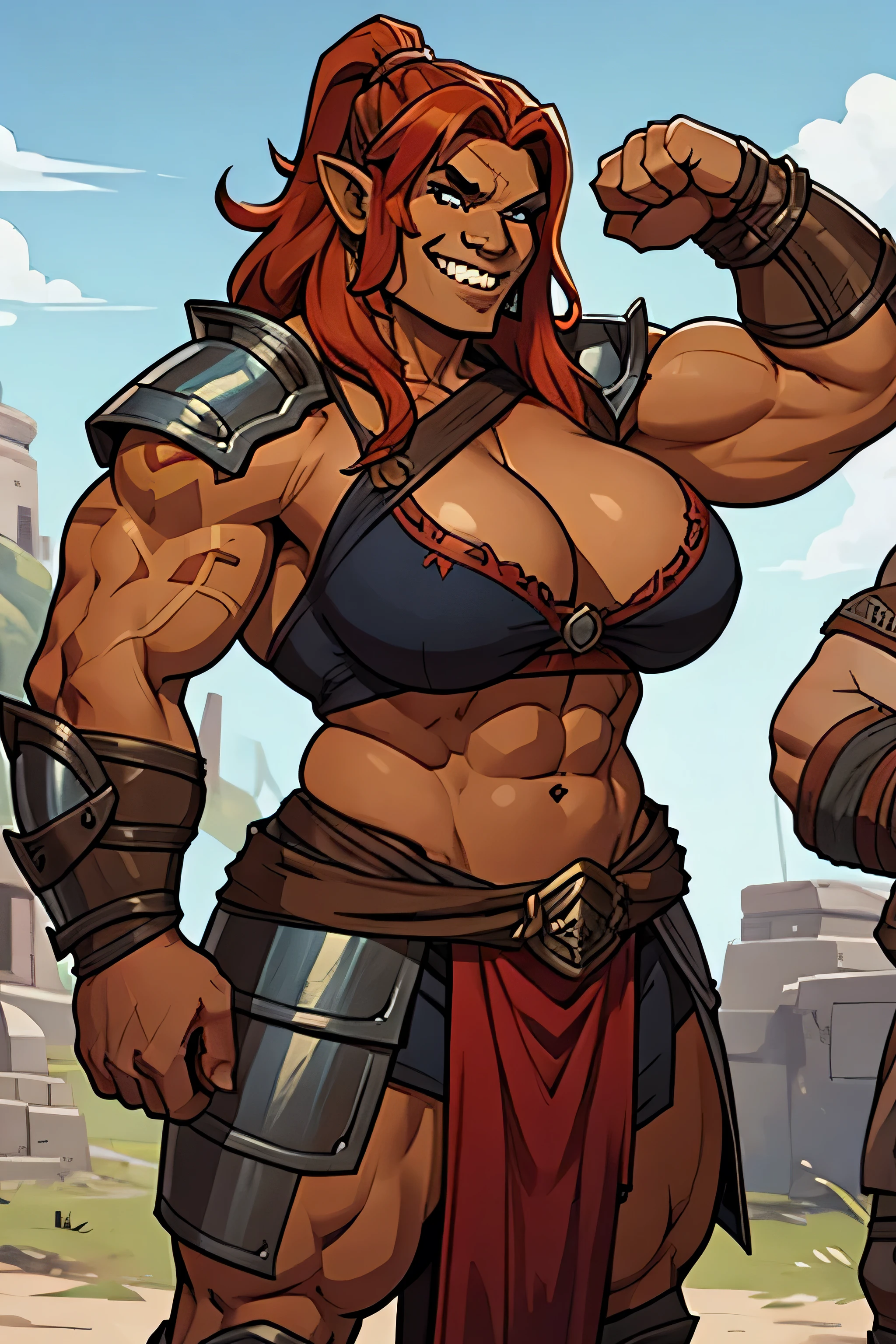 "high quality, strong and fierce orc barbarian with boots with dark brown skin, well-defined muscular legs and large hips" ((fullbody)) ((((tall)))) (((barbarian armor))) ((earring)) (solo)