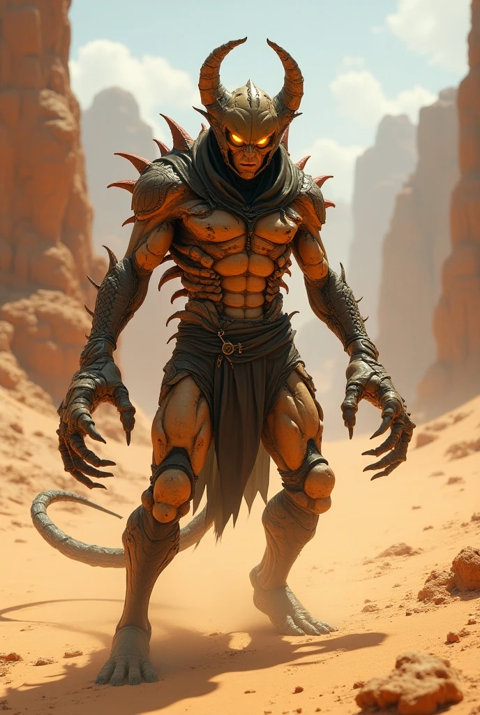A serpentine humanoid creature with clawed hands, a bloodstained cloak, a tail, a sinister grin, holding a staff in its left hand, highly detailed, 8K, photorealistic, dark fantasy, chiaroscuro lighting, muted color palette, dark and ominous atmosphere, cinematic composition, masterpiece