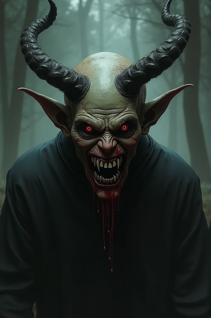 Create a dark and unsettling image of Satan laughing menacingly. Depict Satan with a sinister, wide grin and eyes filled with malevolence, capturing the essence of his cruel amusement. His facial expression should convey a sense of mockery and malice. The background should be ominous and shadowy, perhaps with elements like dark, swirling smoke or an eerie, desolate landscape to enhance the sense of dread. The overall mood should be unsettling and foreboding, emphasizing the devilish and wicked nature of Satan's laughter.