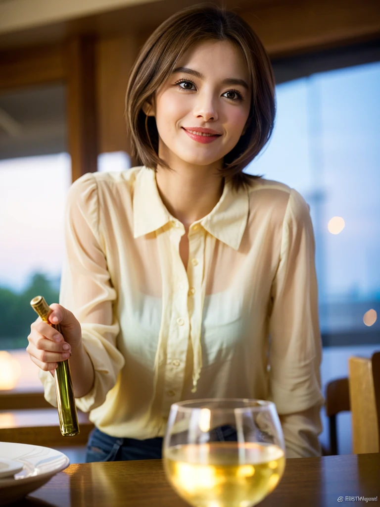 ((Highest quality、8K、masterpiece:1.3))、slimカップル、Pink rubber、modelカップル、(Realistic, Intricate details:1.2), full-course dinner、Wine Party、Amazing view of the sunset sky and clouds、A bright smile、The wonderfulness of smile、Bright image、The beauty of wine, Beautiful Face, blue eyes, The light shines on your face, Blushing, short hair,Bright Face、 (Age 37), 39 years old, red wine 、Appetizers、Italian food、Wine bottle、Champagne、sparkling wine、Two beauties、Brown Hair、Shortcuts、Long sleeve shirt、dress、Beautiful woman 1, (slimな顔), (The body is slim), (Brown Hair), (Shortcuts), cheeks turn a little red,Attractive beauty、restaurant, In a prominent place (From the waist up) Nova Frog Style, actress, model, Upper Body, White wine, slim, wine glass, 中央に置かれたwine glass, smile, (smile: 1.15), Beautiful fine grain, Depth f/2,saturation, High Contrast, Strong light and shadow,Moist Body:1.5、3D texture、Delicate eyes、Brown Hair、The hair is very shiny、
