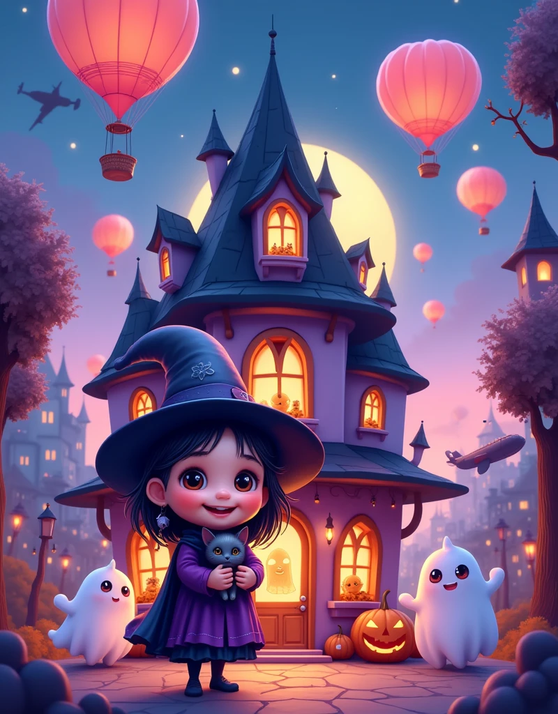 This image is a digital illustration of a city: a Halloween shop. The shop is located in the centre of the image,surrounded by skyscrapers and skyscrapers. The sky is blue and pink hot air balloons float above the shop. In front of the shop there is a little witch wearing a black magic hat and holding a black kitten in her arms,the little witch is smiling and wearing a purple magic cloak with a smiling pumpkin sitting under her buttocks,next to a few white cute ghosts with big eyes and big smiles,in the far distance there is a big yellow moon,and next to the moon there are airships and mysterious planes passing by,and there are also little magical witches riding brooms flying in the sky. Purple atmosphere,revealing the environment of the weird and mysterious,the 's lovely