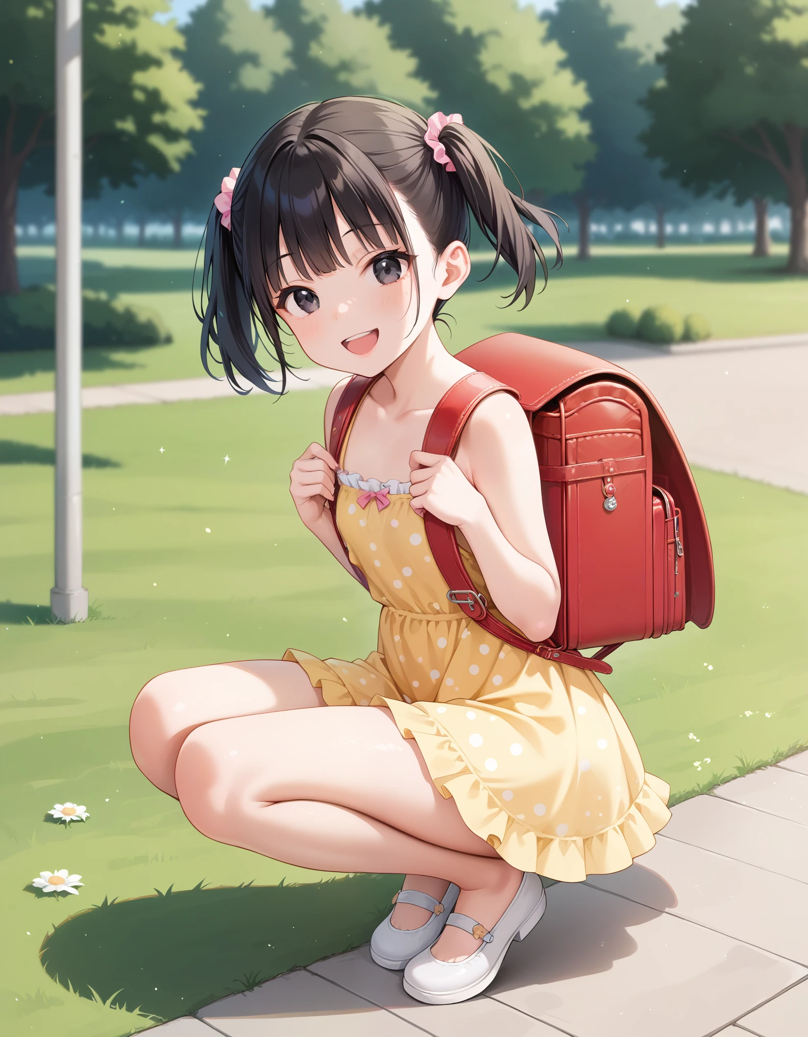 (littlegirl) ((party dress)) (sparkling dress) (slender body) (thin body), (black hair) (black eyes) (white skin) happy and confident expression. full body, park,  short hair, twintails, (ch1ldren playing in the background), short girl, long straight hair, thin legs, flat chest, flat breasts. ( playing) (happy, smile, cheerful), wearing randoseru backpack, red backpack, squatting, grass, outdoor