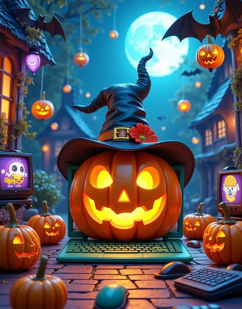 This image is a digital illustration of a Halloween scene. In the center of the picture,there is a large pumpkin with a jack-o '-lantern face carved into it. Pumpkin wears a black witch's hat with a gold buckle and a red flower. The witch was standing on the wooden floor,surrounded by other pumpkins. There are also bats flying around the pumpkin with a full moon in the background. The overall color scheme is orange,black and white,giving a strange and festive feeling.,
This image shows a variety of electronic devices and accessories scattered across a blue surface. In the center of the image,there is a blue and green vintage-style laptop with a large screen. The computer is surrounded by other electronic devices such as keyboards,mice,game controllers and small robots. On the right side of the computer,there are two small black and purple TVS with a cartoon character on the screen. In the background is a dark blue wall with patterned wallpaper. The overall color scheme is bright and vibrant,giving a playful and whimsical feel.,