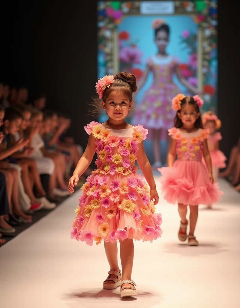 Little girl walking her dog on the runway, Fashion model, highly fashionable, fashion runway, very fashion, dressed in a flower dress, clothes made out of flower, walking down the catwalk, happy fashion model, crazy fashion catwalk, 2 0 2 0 fashion, Fashionab, Fashion Week, wearing a long flowery dress, very fashion, fashion designer