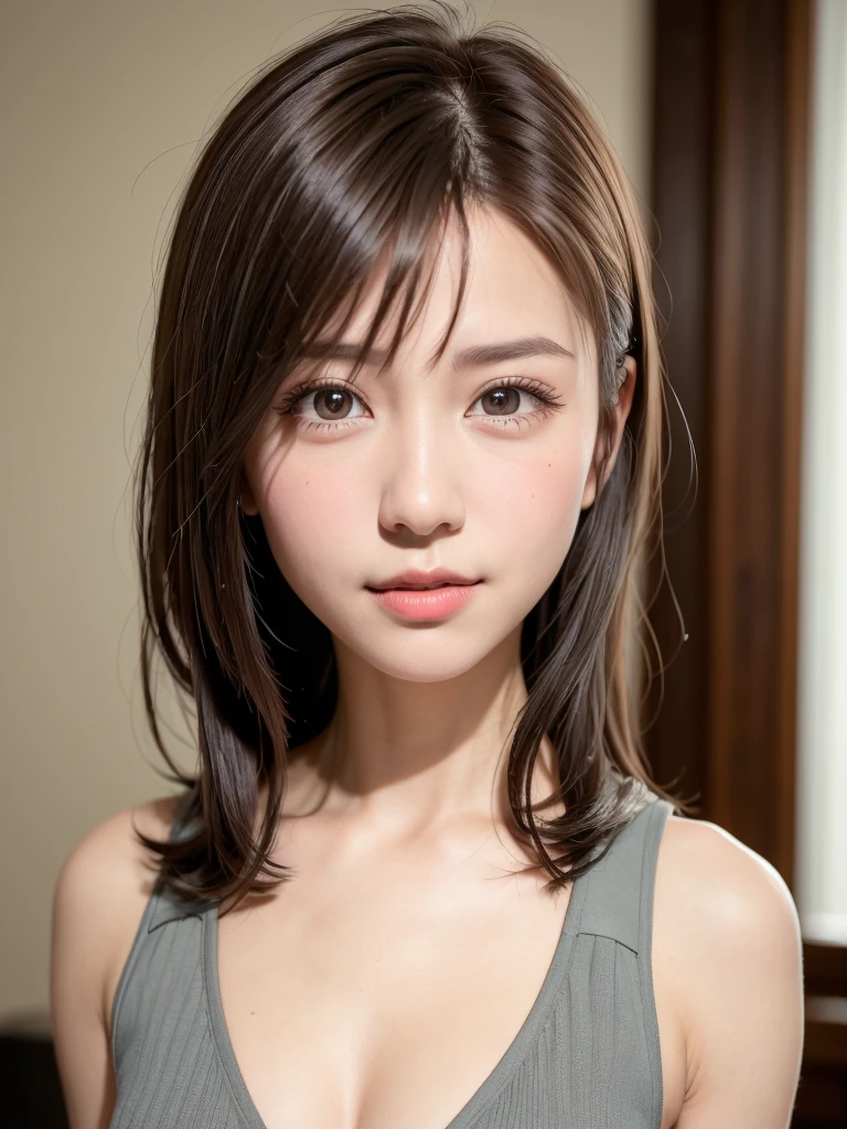 natta, Raw photography, (((Very beautiful portrait))), ((glistning skin)), 1girl in, Sexy 2 girl, Cafe Clerk、((Sauvage's natural brown hair)), Gentle smile staring at the camera, ((​masterpiece, top-quality, ultra-detailliert, ciinematic light, intricate detailes, hight resolution, 8K, ighly detailed)), detailedbackground, 8KUHD, Digital SLR, Soft lighting, hightquality, film grains, FujifilmXT3, Shallow depth of field, natural soft light、face perfect