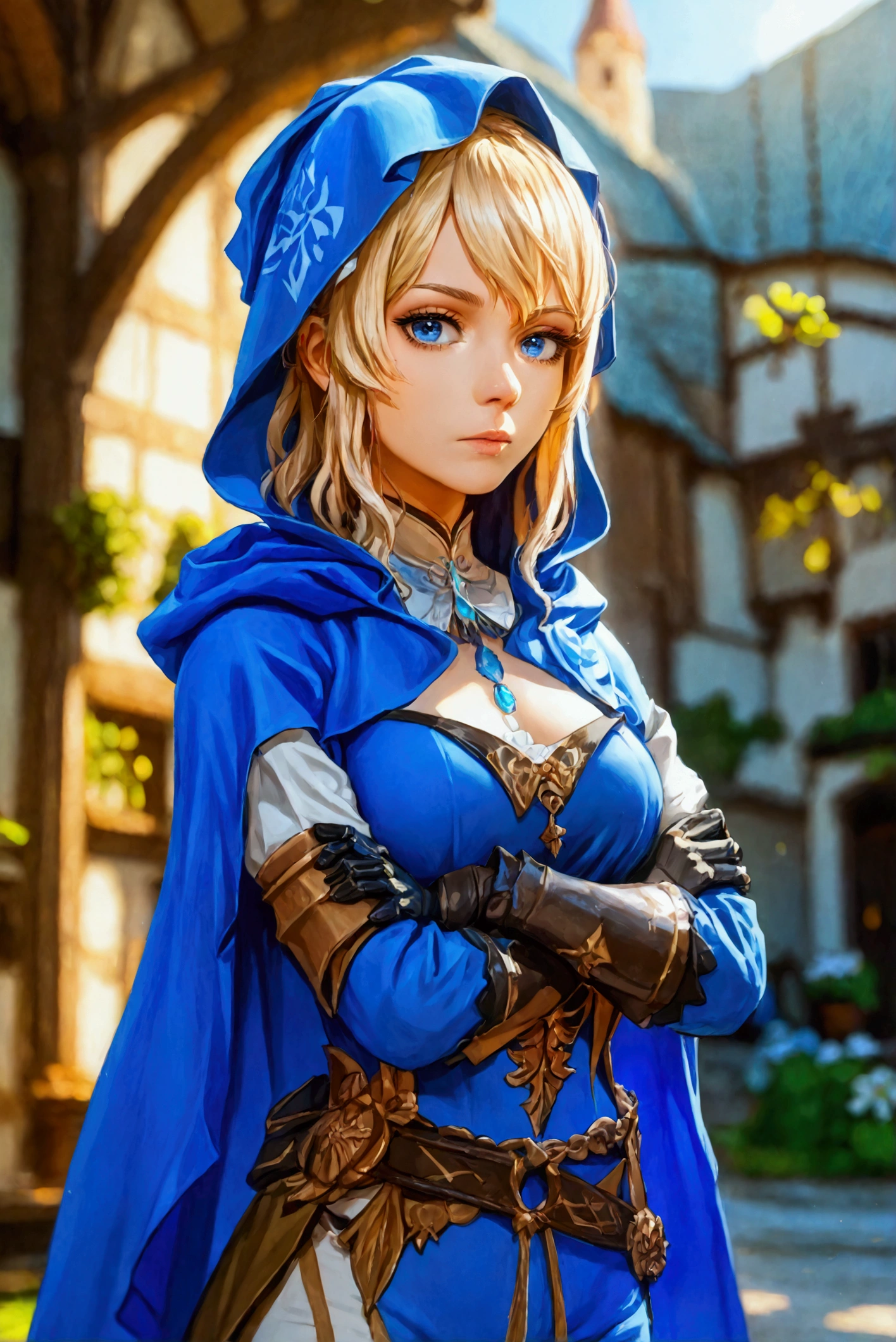 score_9, score_8_up, score_7_up, 1girl, solo, jean \(genshin impact\), jean def, blue eyes, blonde hair,black gloves,detached collar,blue capelet, tight pants, standing, crossed arms, expressionless, looking at you, medieval village, medieval arquitecture, castle