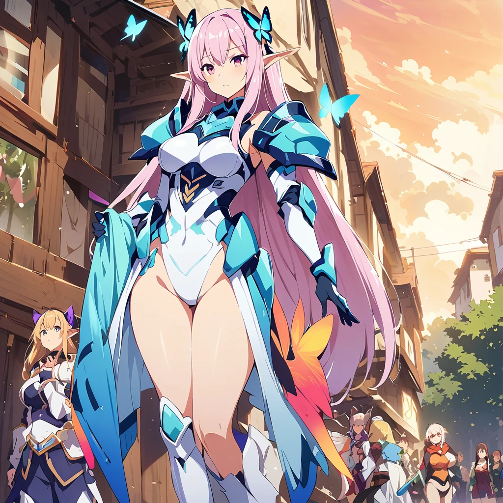 Anime, fairy girls, elf's ears, butterfly's wings, body-armor, detailed body-armors, curvy body, multiple girls, armors Shinning, girls surrounding