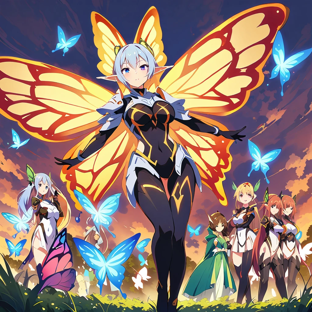 Anime, fairy girls, elf's ears, butterfly's wings, body-armor, detailed body-armors, curvy body, multiple girls, armors Shinning, girls surrounding