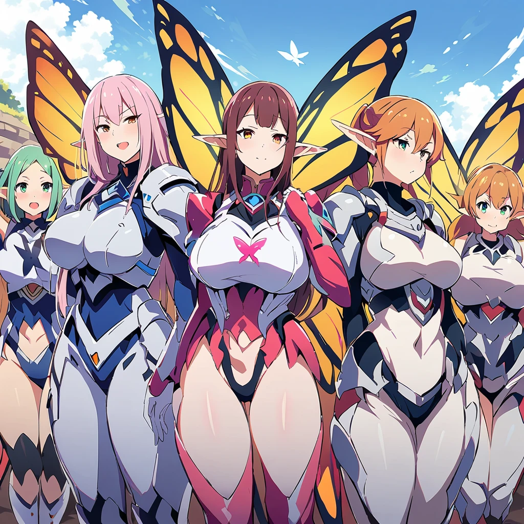 Anime, fairy girls, elf's ears, butterfly's wings, body-armor, detailed body-armors, curvy body, multiple girls, armors Shinning, girls surrounding