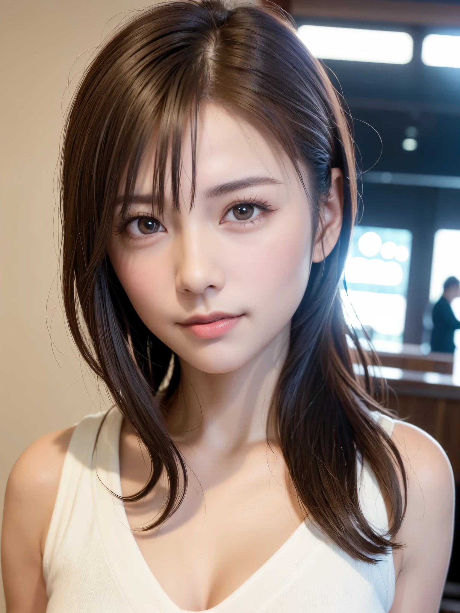 natta, Raw photography, (((Very beautiful portrait))), ((glistning skin)), 1girl in, Sexy 2 girl, Cafe Clerk、((Sauvage's natural brown hair)), Gentle smile staring at the camera, ((​masterpiece, top-quality, ultra-detailliert, ciinematic light, intricate detailes, hight resolution, 8K, ighly detailed)), detailedbackground, 8KUHD, Digital SLR, Soft lighting, hightquality, film grains, FujifilmXT3, Shallow depth of field, natural soft light、face perfect