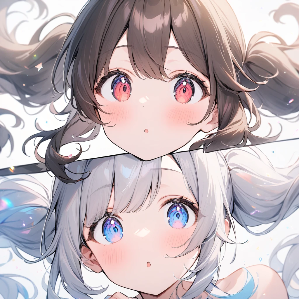  two girls,  1 person has brown hair and red eyes., Gray hair and blue eyes  ,  twin tails, Long Hair, White background ,  colorful pastel stars , Light, High image quality , Mecha Girl, Colorful portrait