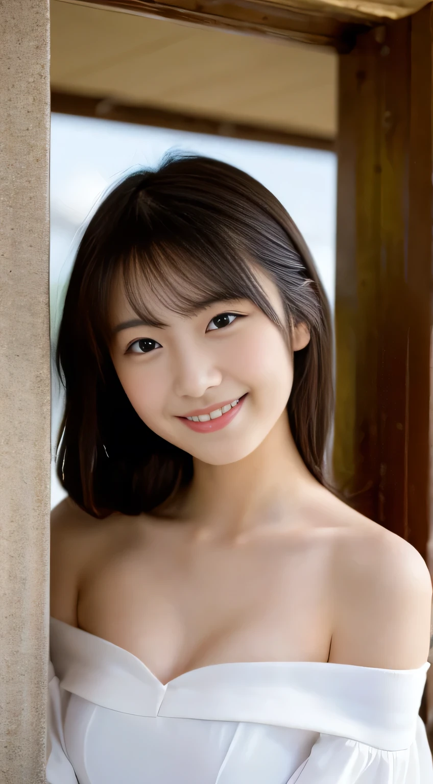 masterpiece,best quality,(Japanese ),((Beautiful girl)),cleavage,indoor,(perfect body beauty:1.2),(shy smile),beautiful teeth,