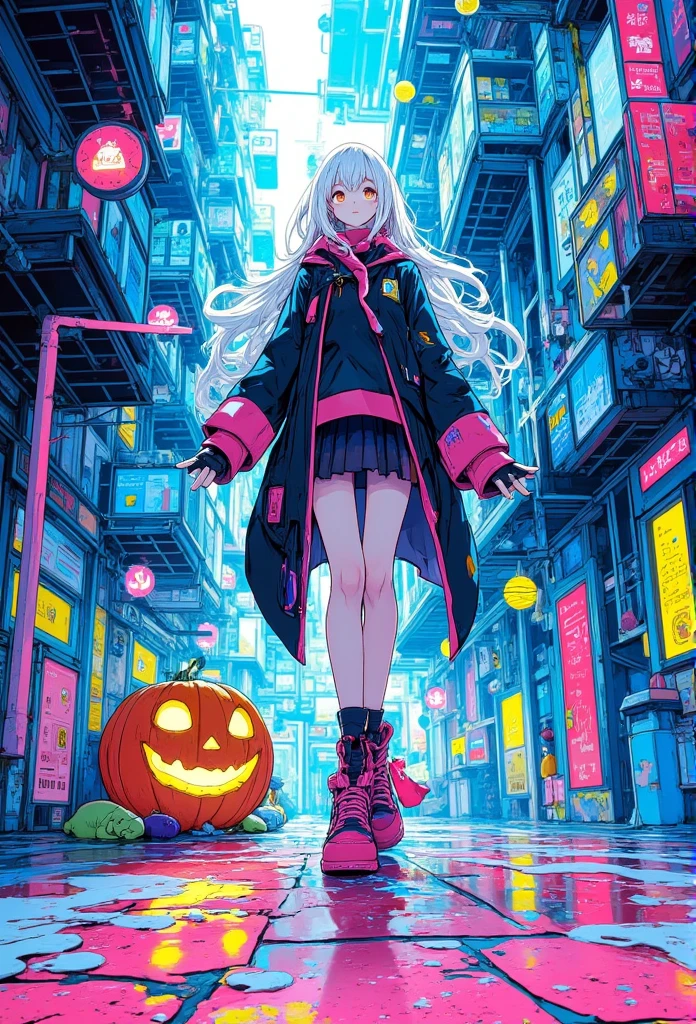 (((beautiful detailed)))1girl,(cute face:1.2), Japanese style castle interior, , Jack-o'-lantern, shuriken, complex structure, ,Giant slug,epic battle,Stairs, ladders, and trick castles, ground-level shot, wide shot, long shot,fluorescent colors,neon colors,blacklight painting,Focus on the soles of shoes ,vibrant neo-traditional, in the style of distorted, structural,flat color, limited palette, ligne claire, surreal, wide shot, fisheye, ,pure white hair, longest hair, abnormally long wavy hair, side hair, side curls, hair between the eyes, golden eyes, black color fashion outfit, Black Mantle,halloween,