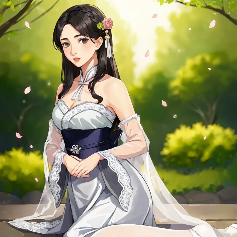 (young woman: 1.5), lace, ribbon, Hanfu, (masterpiece, side light, delicate and beautiful gray eyes: 1.2), masterpiece, realistic, glowing eyes, shiny hair, dark hair, long hair, shiny skin, solo, awkward, strapless, delicate, beautiful, garden, flowers, fluttering petals