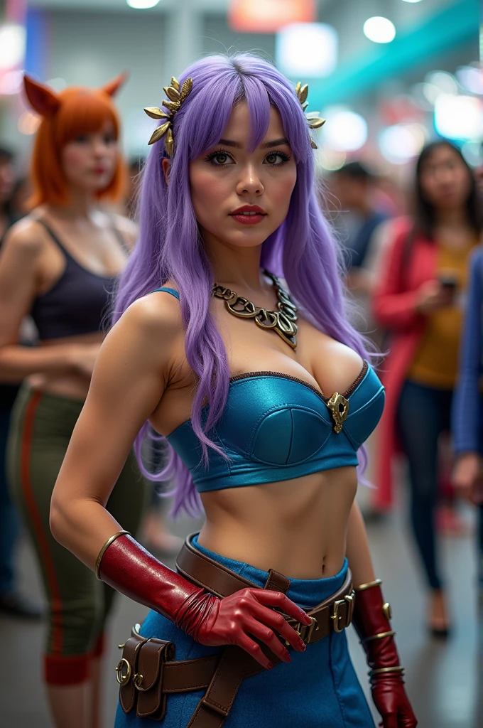 <lora:Starfire Costume_v1:0.8>, starfire costume, best quality, masterpiece, illustration, realistic, photo-realistic, amazing, finely detail, incredibly absurdres, huge filesize, ultra-detailed, highres, extremely detailed CG unity 8k wallpaper, nsfw, A beautiful young Korean woman with long pink hair and green eyes floating in the wind, wearing Starfire's costume from DC comics. She has a silver metallic neck guard with a green gemstone on the front and a silver metallic belt around her waist. She also wears silver arm bracers. Her costume is purple with a satiny shine. She is posing happily at an indoor anime convention with lots of vendor booths in the background. The image is a waist-up photo as if taking a cosplay portrait. She has a larger bust and her top costume hugs her curves to accentuate her chest. She wears a short mini skirt that shows her midriff and belly button.