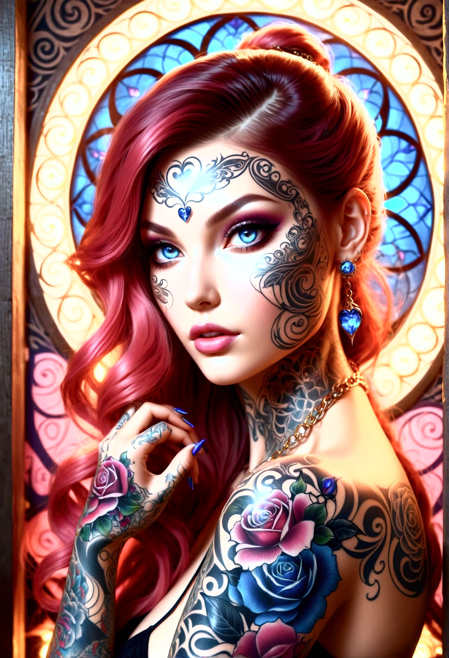 a highly detailed painting of a tattooed lady in a bizarre freak circus, tattoos covering her entire body, bearded lady, freak show performer, knife thrower stalking in the background, jordorowsky inspired, intricate abstract patterns, masterpiece, 4k, hyper detailed, photorealistic, dramatic lighting, cinematic composition, style of Paul Signac