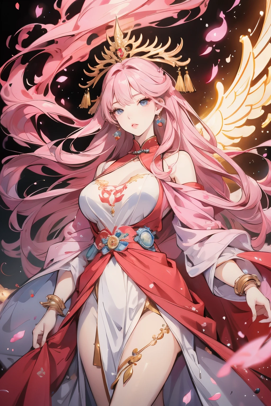 (High image quality, best quality, High Resolution , Super detailed, masterpiece-anatomy-perfect, masterpiece:1.5, RAW Photos, 超 High Resolution , 8k),Fine painting, beautiful young woman, Unparalleled beauty, perfect bodies , Large Breasts, Perfect Nose, Perfect Mouth, perfect and bright eyes, Perfect Skin, anatomically correct, noble appearance , Light maroon medium long hair , Hair accessories, elegant atmosphere, A simple and sophisticated two-piece silk garment, Pale pink shawl, Light silk belt, Ethereal and flowing long skirt, A dreamy and fantastical atmosphere, fantasy style exquisitely crafted in anime style, It depicts traditional Chinese beauty , elaborate and mature cartoon drawing style , Extremely delicate creativity , Cinema Lighting,
