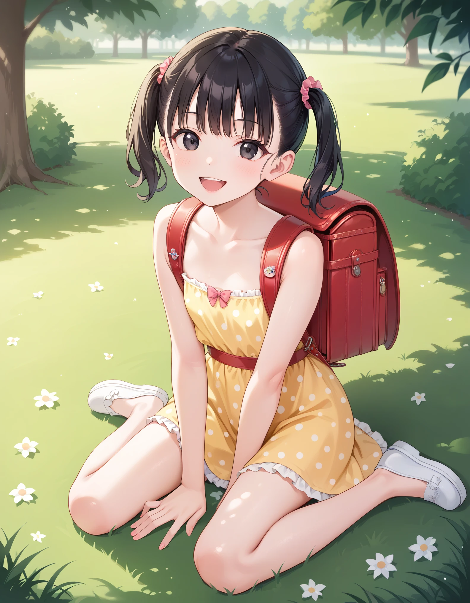 (girl) ((party dress)) (sparkling dress) (slender body) (thin body), (black hair) (black eyes) (white skin) happy and confident expression. full body, park,  short hair, twintails, (ch1ldren playing in the background), short girl, long straight hair, thin legs, flat chest, flat breasts. ( playing) (happy, smile, cheerful), wearing randoseru backpack, red backpack, Sitting on ground, grass, outdoor