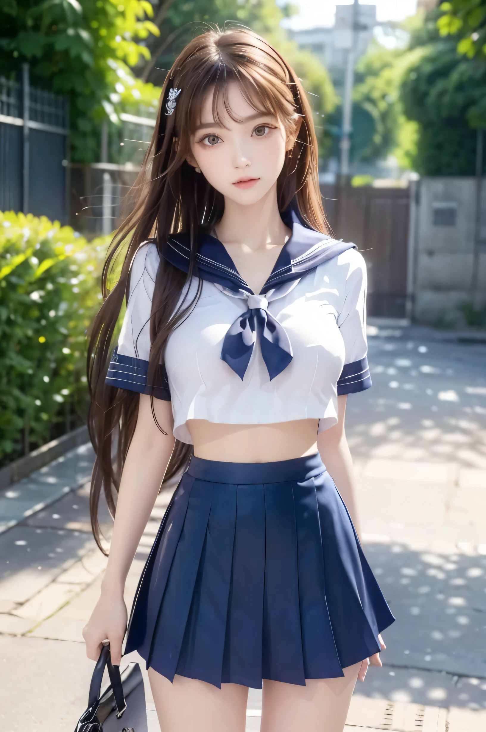 ( super high image quality ), ( looking over here), (Short-sleeved sailor uniform,  navy blue mini skirt), Big Breasts, Super beautiful breasts, Slender, (Thin legs:1.2), (Thin thighs:1.2), (Thin Hips:1.4), (Beautiful Skin,  shiny skin,  white skin), (Super slim face, Super beautiful face, No makeup, Smile:0.6), (Light Brown Hair,  semi-long, Layered Cut, Fluffy hair), (Big eyes:1.3, High corners of the eyes:1.6, double eyelid), (Thin eyebrows:0.1), (Small Nose:0.6), (Thin lips:0.6), Beautiful Hands, Empty-handed,  standing, In front of the school gate