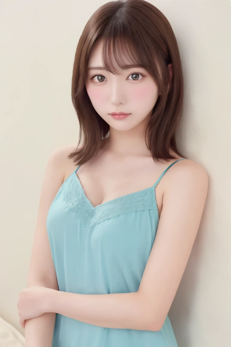 Best Quality, (beautiful)、beautiful女性、Precision Eyes、 medium hair 、 brown eyes 、Fine skin、 upper body、Holding large cushions in hands 、 holding large cushions in hands、Close-up、 camisole