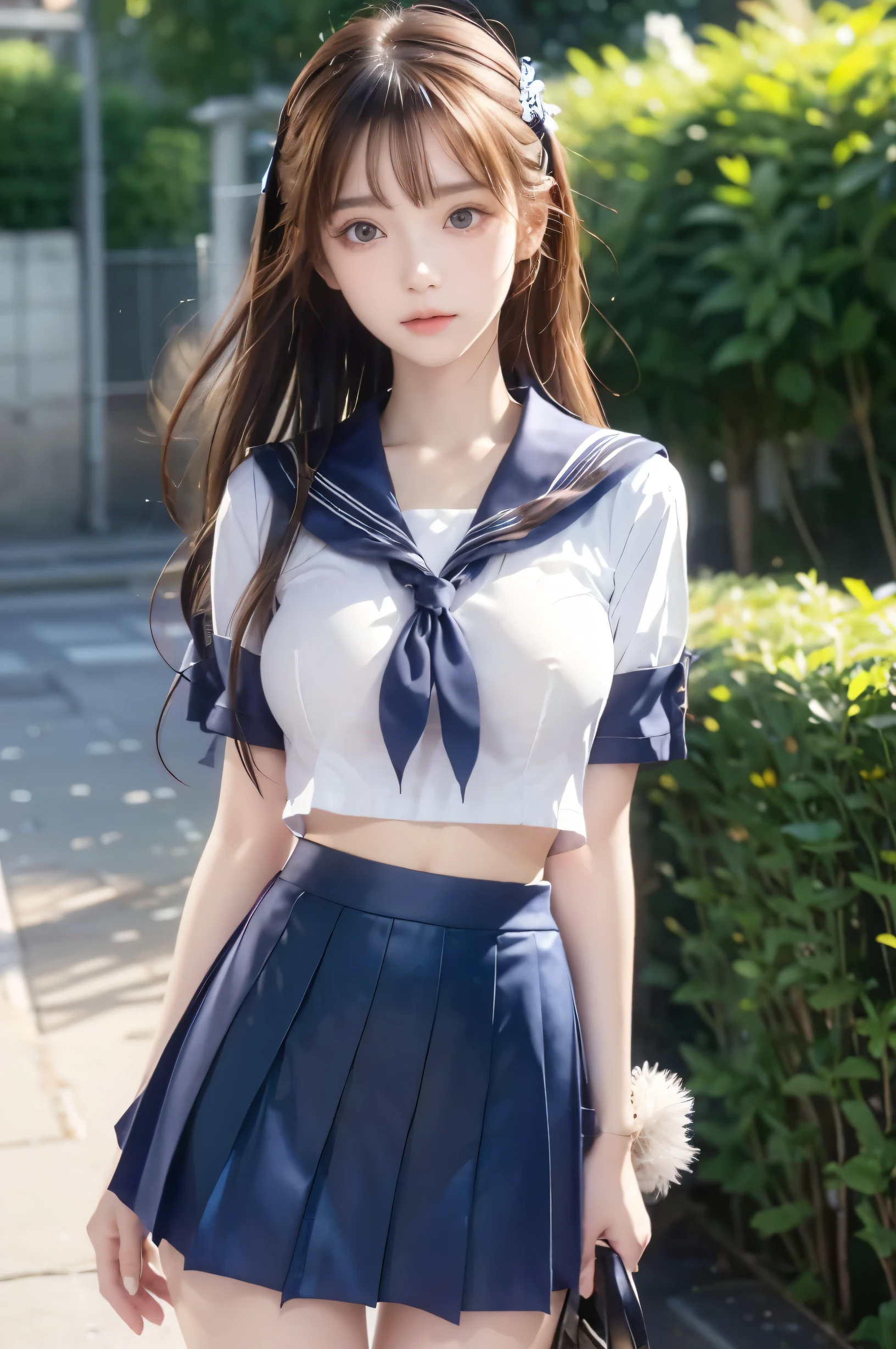 ( super high image quality ), ( looking over here), (Short-sleeved sailor uniform,  navy blue mini skirt), Big Breasts, Super beautiful breasts, Slender, (Thin legs:1.2), (Thin thighs:1.2), (Thin Hips:1.4), (Beautiful Skin,  shiny skin,  white skin), (Super slim face, Super beautiful face, No makeup, Smile:0.6), (Light Brown Hair,  semi-long, Layered Cut, Fluffy hair), (Big eyes:1.3, High corners of the eyes:1.6, double eyelid), (Thin eyebrows:0.1), (Small Nose:0.6), (Thin lips:0.6), Beautiful Hands, Empty-handed,  standing, In front of the school gate