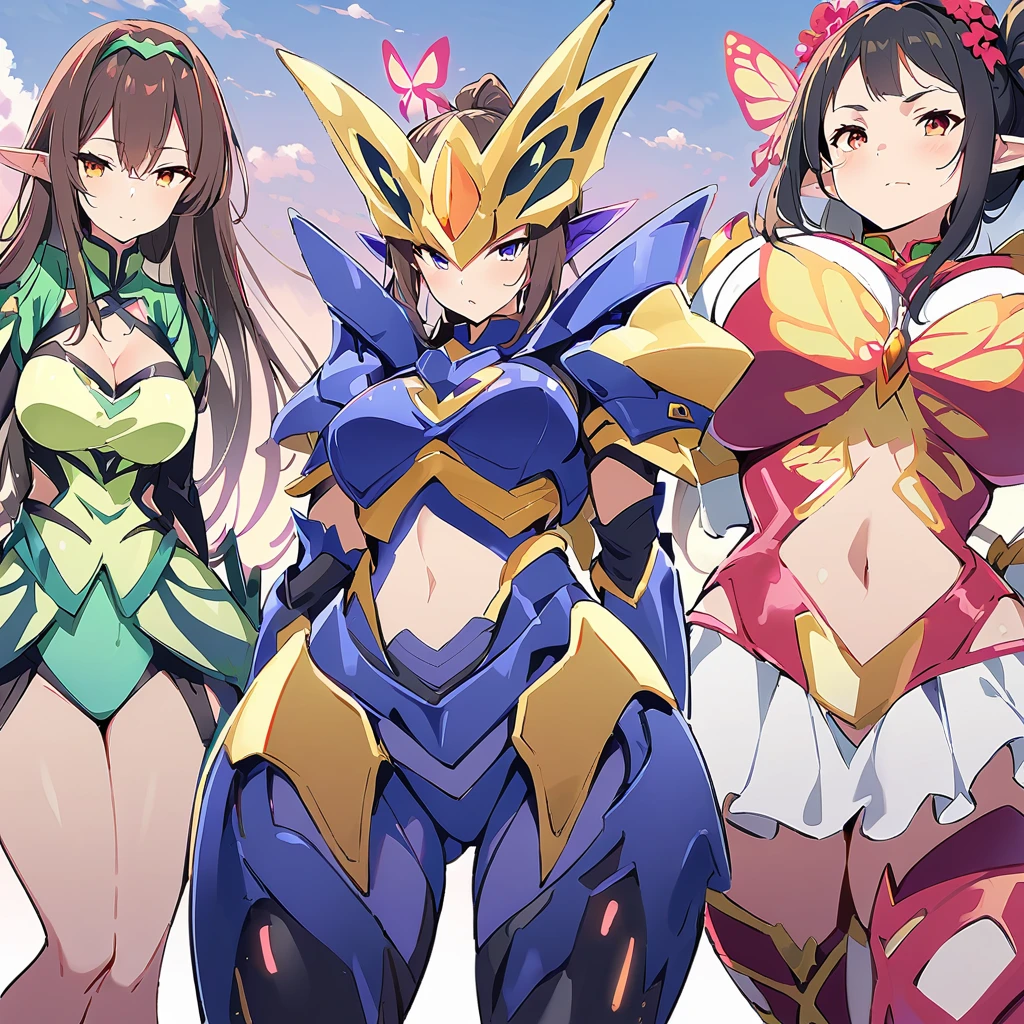 Anime, fairy girls, elf's ears, butterfly's wings, body-armor, detailed body-armors, curvy body, multiple girls, armors Shinning, girls surrounding