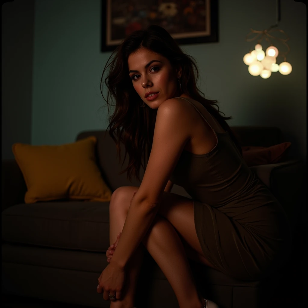 40 year old modern busty Pakistani woman sitting on sofa wearing skirt and heels. analog film photo Deep photo,depth of field,ferrania p30 film,shadows,messy hair,dark,nighttime,dark photo,grainy,dimly lit,seductive smirk,harsh camera flash, faded film, desaturated, 35mm photo, grainy, vignette, vintage, Kodachrome, Lomography, stained, highly detailed, found footage