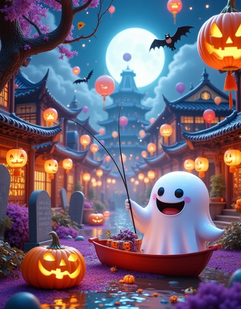 This image is a digital illustration of a Halloween scene. It shows a cemetery with a full moon in the background. The ground was covered with purple grass,and a few carved pumpkins were scattered around. On the left side of the image,there is a tree with a jack-o '-lantern hanging from its branch. Next to the tree,there were two tombstones,and bats were flying around them. In the center of the cemetery,a white ghost perches on a branch. The grimace looks very happy with a big smile on it. The atmosphere of the whole scene is grim and festive.,
The photo is a digital illustration of a small white ghost sitting in a red boat on the river,holding a fishing rod in his right hand. The boat was filled with gift boxes and other items,looking into the distance.,
In the background are several traditional Chinese buildings with red lanterns hanging from the roofs. The buildings are decorated with Chinese characters and symbols,the river is calm,and fireworks explode in the background. The atmosphere of the whole scene is festive,