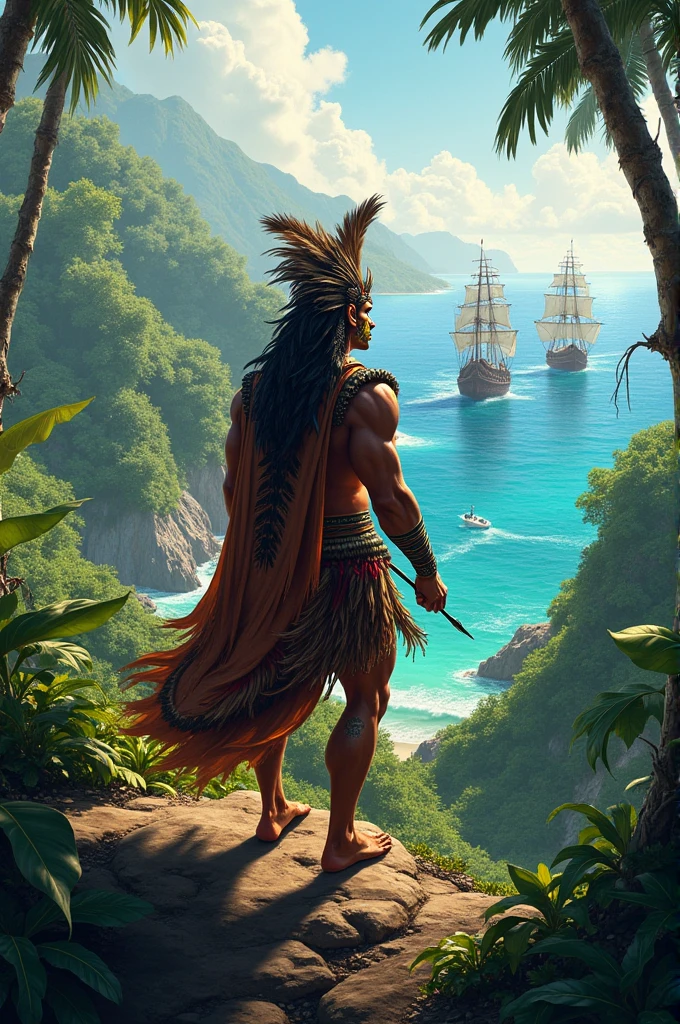 A dark-skinned indigenous man standing in the background of a beautiful forest, and also a Spaniard getting off his boat with more Spaniards in the background. 