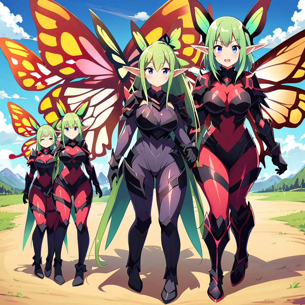 Anime, fairy girls, elf's ears, butterfly's wings, body-armor, armors, Berserker clothes, curvy body, multiple girls, armors Shinning, girls surrounding