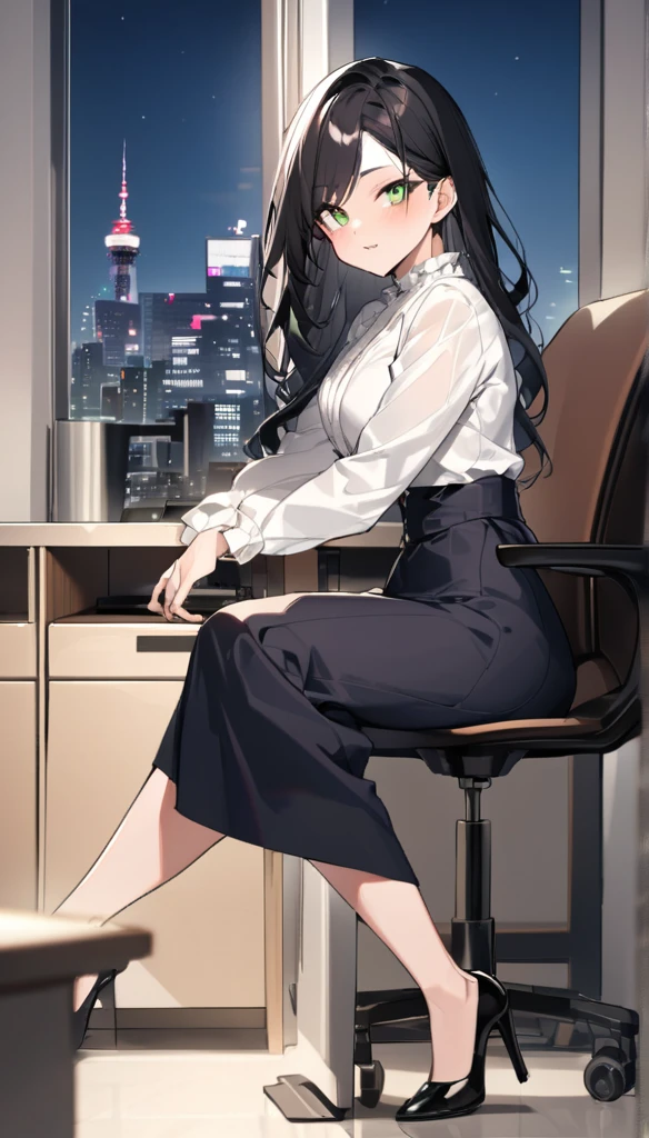 "office lady sitting at a desk, height 163cm, business chic, victorian blouse, slender 63cm waist, full 93cm hips, shapely legs, clear fair skin (RGB: 255, 233, 209), oval face with soft features, almond-shaped eyes (light green) with double eyelids, straight nose, full lips with natural pink color (RGB: 222, 165, 1) in a professional smile, long black hair, subtle makeup suitable for office with focus on eyes and neutral lip color, wearing a crisp white victorian blouse and a victorin waist corset, dark gray victorian long lenght maxi skirt, long skirt without openings, 5inch louboutin high heels, in a modern office setting with floor-to-ceiling windows, full body, from side, Tokyo skyline view in background, soft natural lighting mixed with office fluorescents, corporate portrait style with a touch of glamour, shot with Sony A1 mirrorless camera, 85mm f/1.4 GM lens, ISO 200, 1/160 sec, 50MP resolution, focus on professional appearance --ar 2:3 --q 2 --s 850 --v 6.0 --style raw"