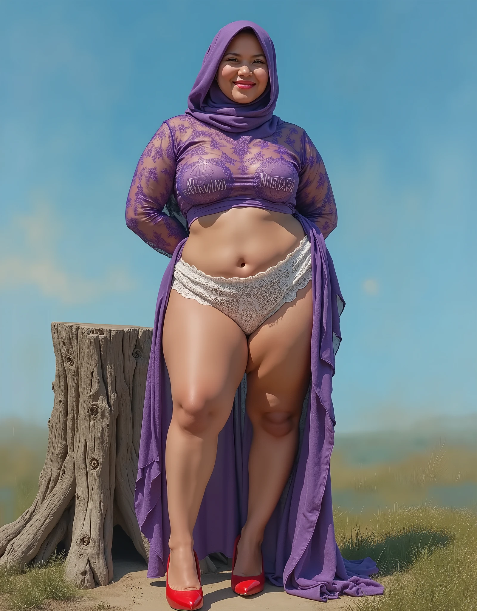 Iranian woman, aged 45, chubby, toned midriff, big butt, thick thighs, enormous saggy bust staying close to her body, dressed in translucent veils and golden chains with bells. Barefoot. She is looking back over her shoulder seductively. She is on a busy sidewalk.
