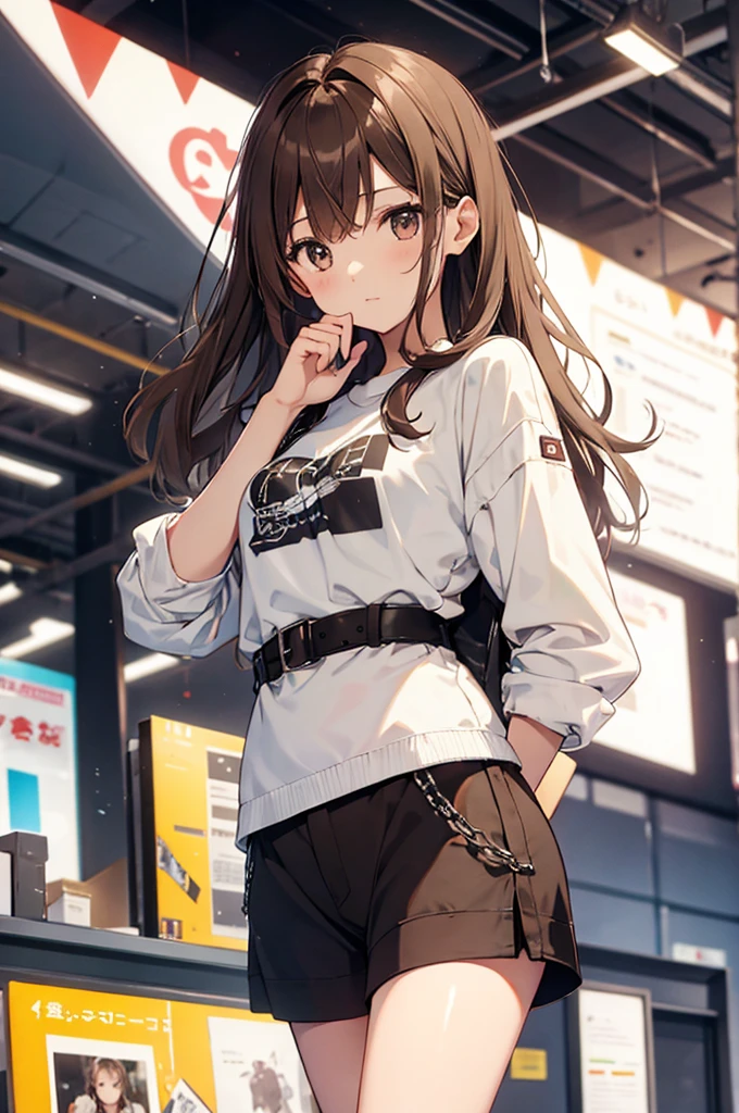 best quality, finely detailed, beautiful, HD, A 23 year old girl, long wavy light brown hair, Brown eyes, confused, white shirt short-sleeved, black shorts, medium breasts, standing dizzy, inside a scientific laboratory with white walls and white floor