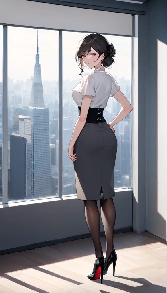 "office lady standing with full authority and unmatched beauty to be bent to her will, 3, height 163cm, business chic , victorian blouse, slender 63cm waist, full 93cm hips, shapely legs, clear fair skin (RGB: 255, 233, 209), oval face with soft features, almond-shaped eyes (dark brown, RGB: 54, 38, 22) with double eyelids, straight nose, full lips with natural pink color (RGB: 222, 165, 1) in a professional smile, long black hair styled in an elegant French twist updo, subtle makeup suitable for office with focus on eyes and neutral lip color, wearing a crisp white vivtorian blouse and a victorin waist corset, form-fitting dark gray victorian long lenght maxi skirt accentuating hips, louboutin high heel pumps and black sheer shiny 20 den pantyhose on delicate delicate pearl necklace and earrings, standing confidently in a modern office setting with floor-to-ceiling windows, full body, from behind, Tokyo skyline view in background, soft natural lighting mixed with office fluorescents, corporate portrait style with a touch of glamour, shot with Sony A1 mirrorless camera, 85mm f/1.4 GM lens, ISO 200, 1/160 sec, 50MP resolution, focus on professional appearance with subtle emphasis on curves --ar 2:3 --q 2 --s 850 --v 6.0 --style raw"