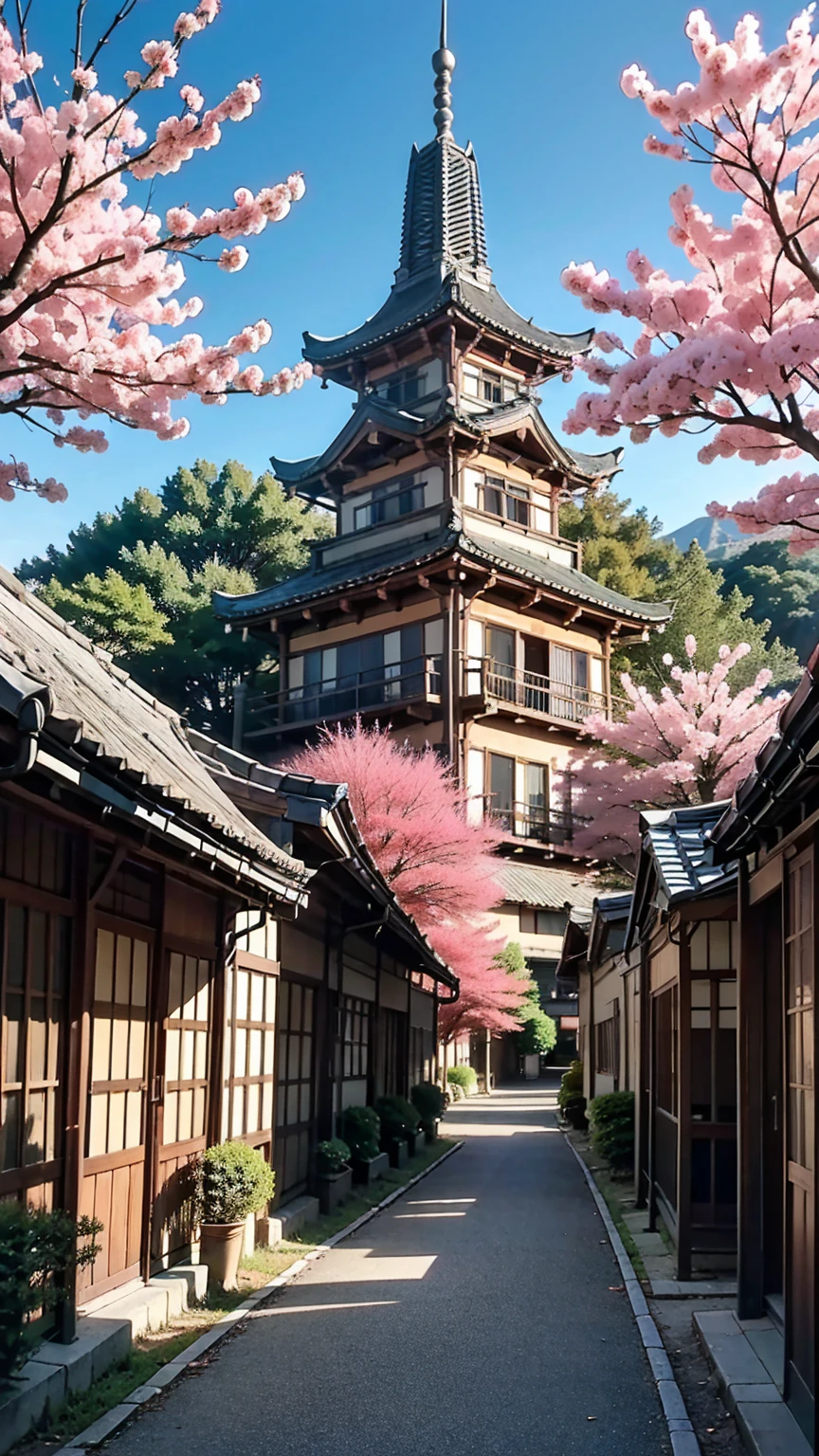 Beautiful shrine landscape, Cherry blossoms, pine, anime Background Art, Japanese art style, Beautiful anime scene, Detailed views - width 672 , Background Art, Anime Landscape, anime background, Beautiful anime scenery,  beautiful peaceful scene from the anime, Landscape Artwork, Japanese Village, Anime Landscape concept art, 8K))