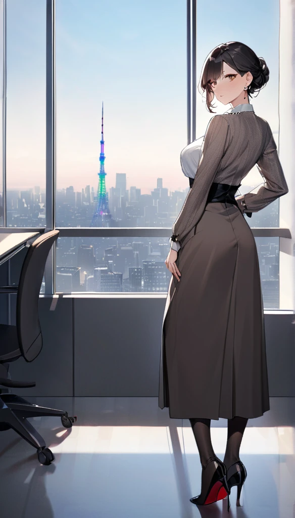 "office lady standing with full authority and unmatched beauty to be bent to her will, 3, height 163cm, business chic , victorian blouse, slender 63cm waist, full 93cm hips, shapely legs, clear fair skin (RGB: 255, 233, 209), oval face with soft features, almond-shaped eyes (dark brown, RGB: 54, 38, 22) with double eyelids, straight nose, full lips with natural pink color (RGB: 222, 165, 1) in a professional smile, long black hair styled in an elegant French twist updo, subtle makeup suitable for office with focus on eyes and neutral lip color, wearing a crisp white vivtorian blouse and a victorin waist corset, form-fitting dark gray victorian long lenght maxi skirt accentuating hips, louboutin high heel pumps and black sheer shiny 20 den pantyhose on delicate delicate pearl necklace and earrings, standing confidently with one hand on hip in a modern office setting with floor-to-ceiling windows, full body, from behind, Tokyo skyline view in background, soft natural lighting mixed with office fluorescents, corporate portrait style with a touch of glamour, shot with Sony A1 mirrorless camera, 85mm f/1.4 GM lens, ISO 200, 1/160 sec, 50MP resolution, focus on professional appearance with subtle emphasis on curves --ar 2:3 --q 2 --s 850 --v 6.0 --style raw"